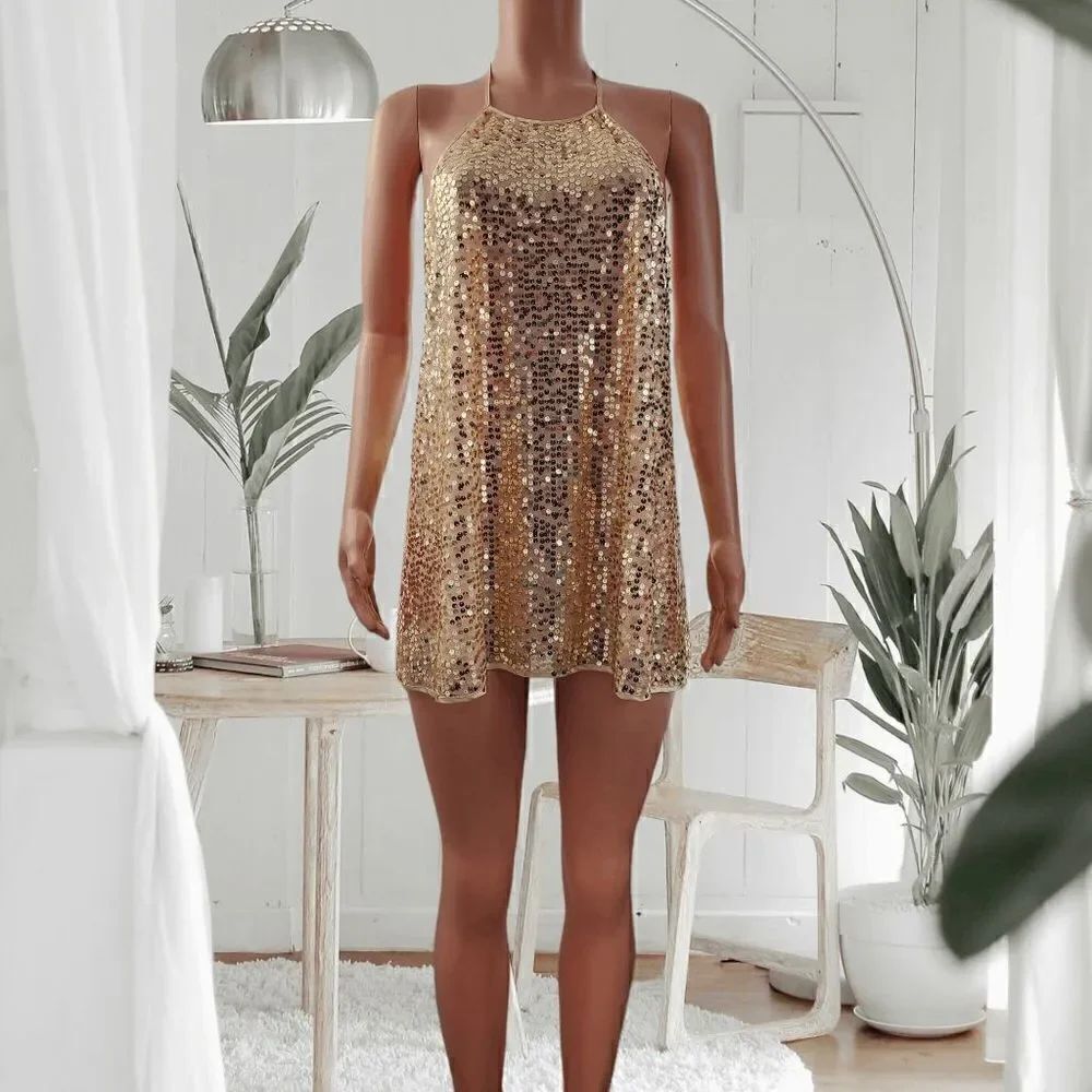 NWT Victoria's Secret Gold Sequin Beach Cover Mini Dress: Size LARGE Glamour! NW